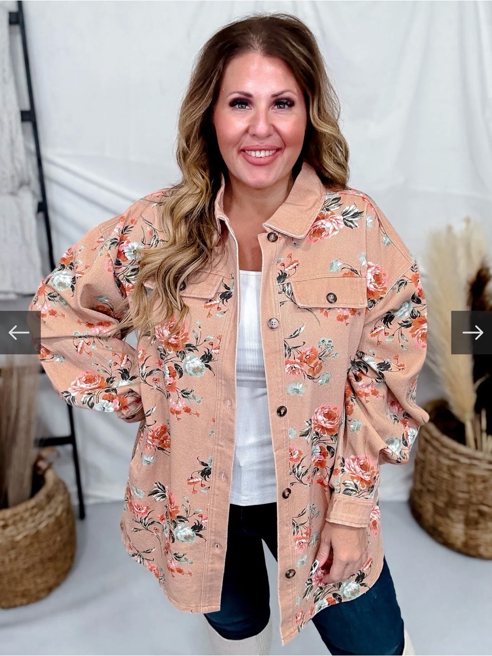 Floral Print Denim Shacket In Vintage Latte Denim